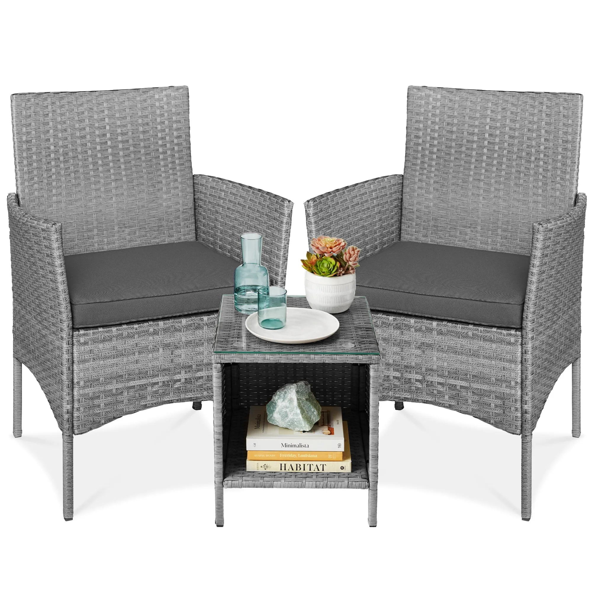 3-Piece Outdoor Patio Wicker Bistro Set w/ Side Storage Table