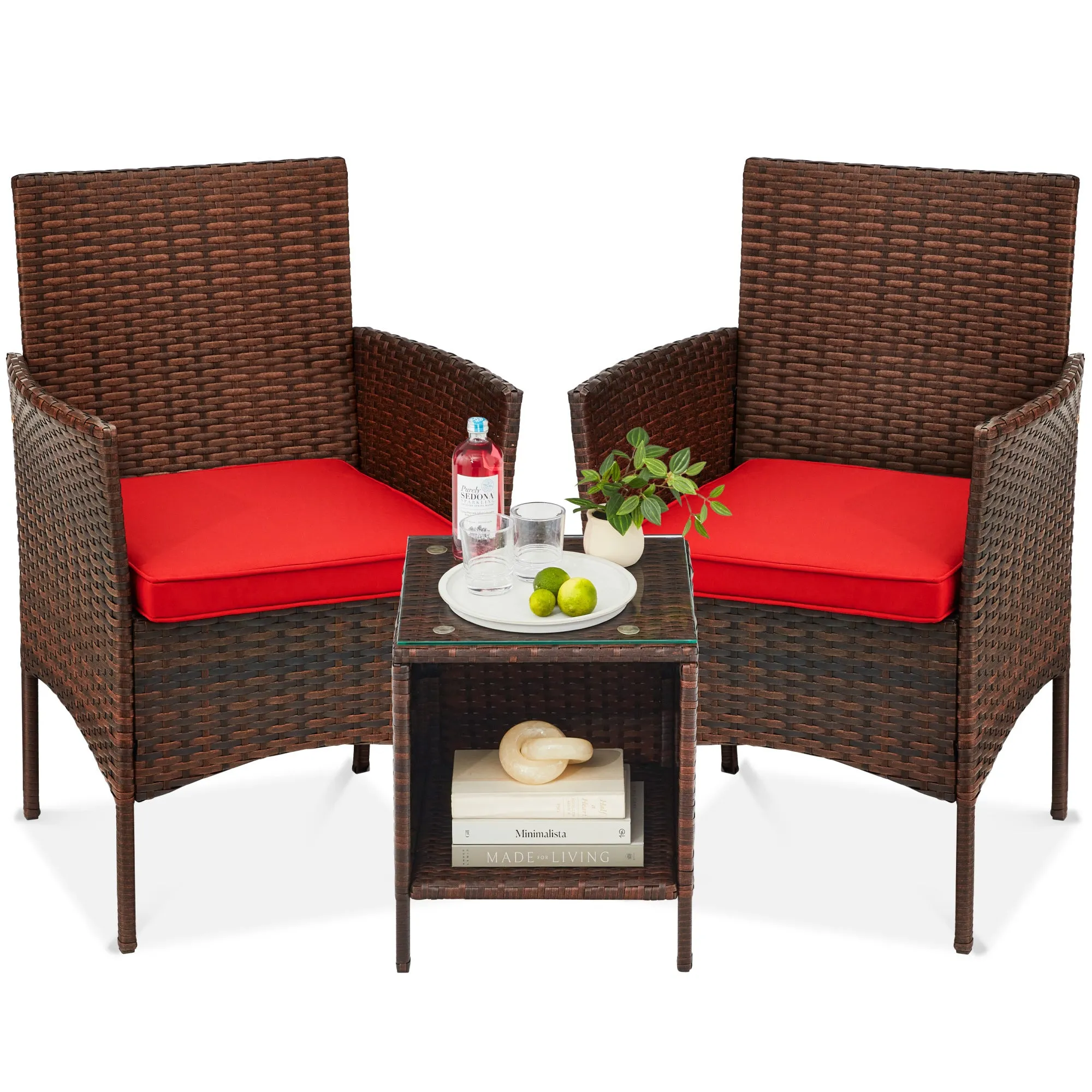 3-Piece Outdoor Patio Wicker Bistro Set w/ Side Storage Table