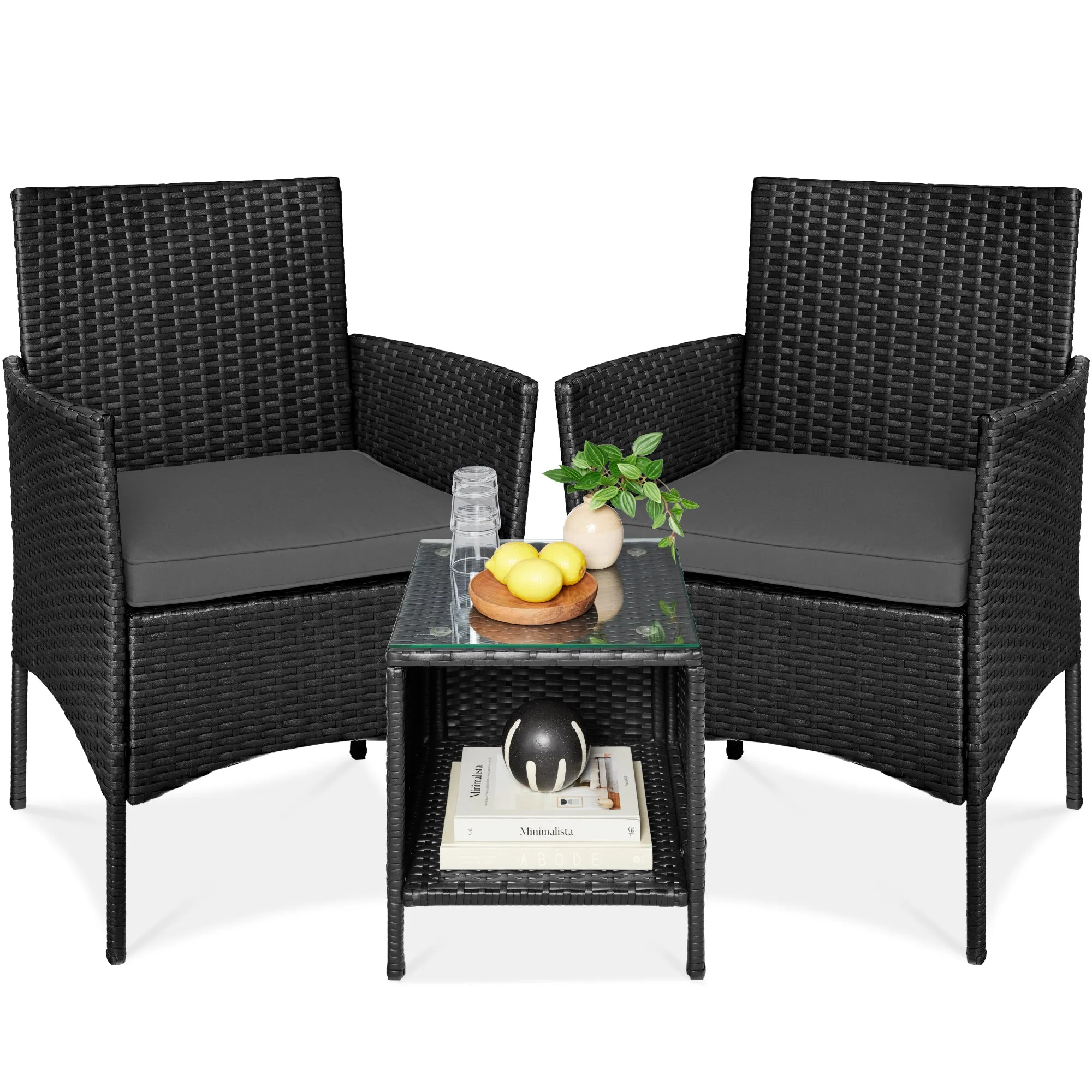 3-Piece Outdoor Patio Wicker Bistro Set w/ Side Storage Table