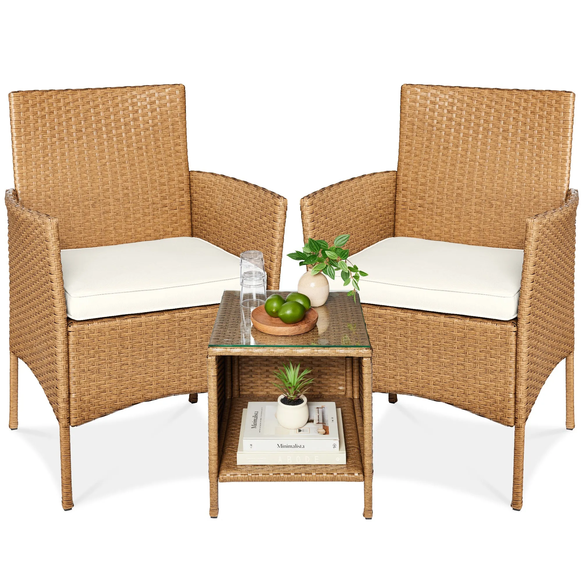 3-Piece Outdoor Patio Wicker Bistro Set w/ Side Storage Table