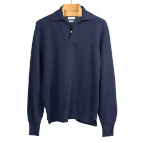 Aagro skipper style polo sweater in navy blue wool