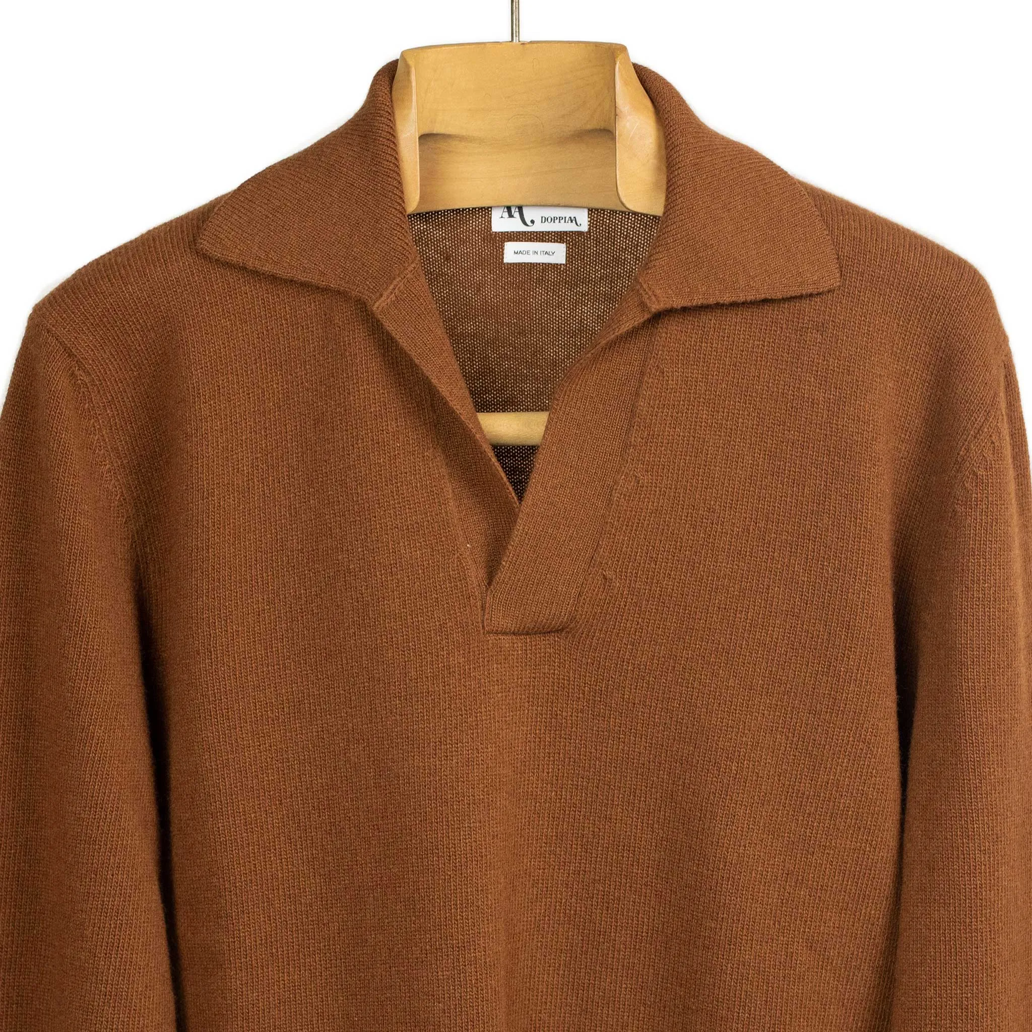 Aagro skipper style polo sweater in tobacco brown wool