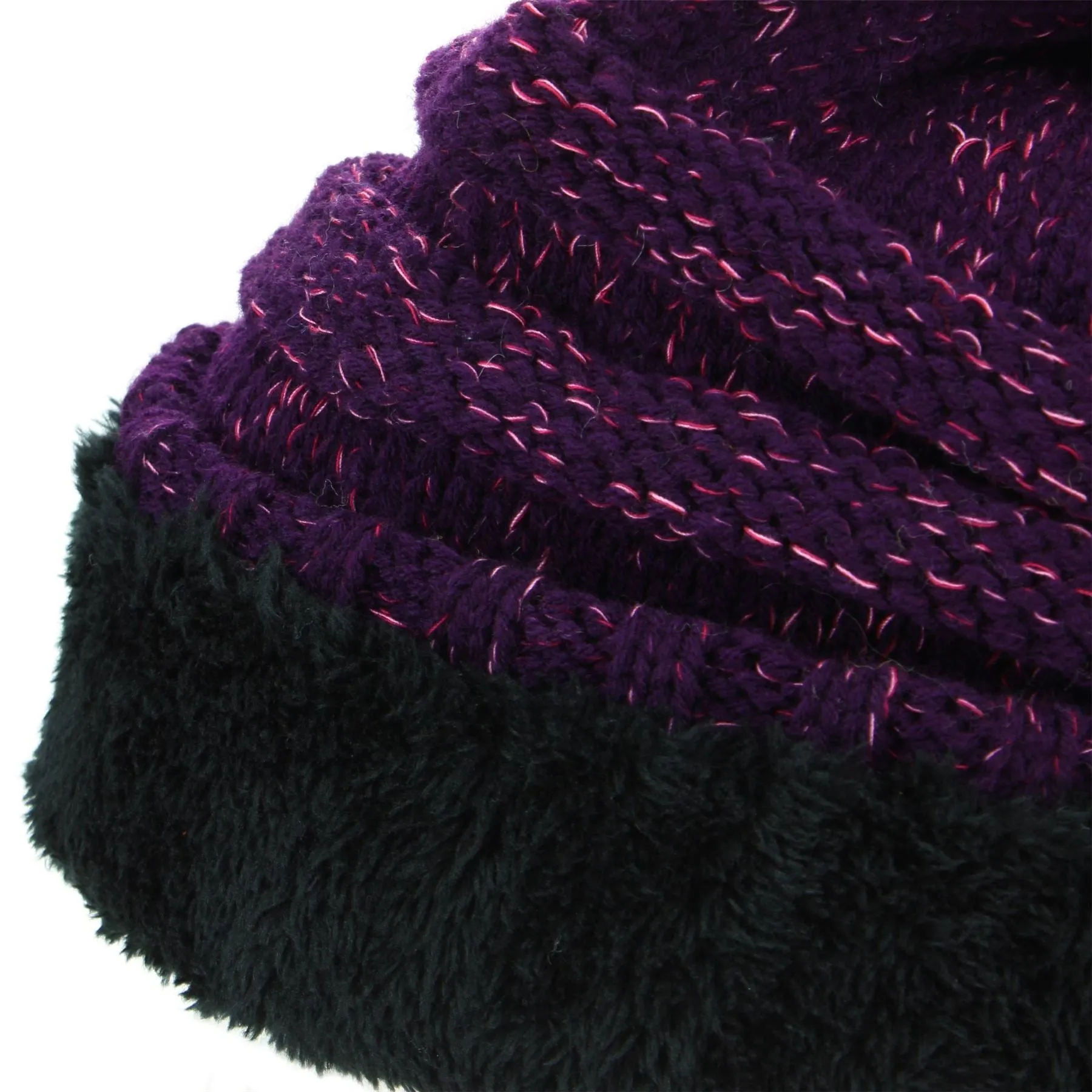 Acrylic Knit Baggy Beanie Bobble Hat - Purple