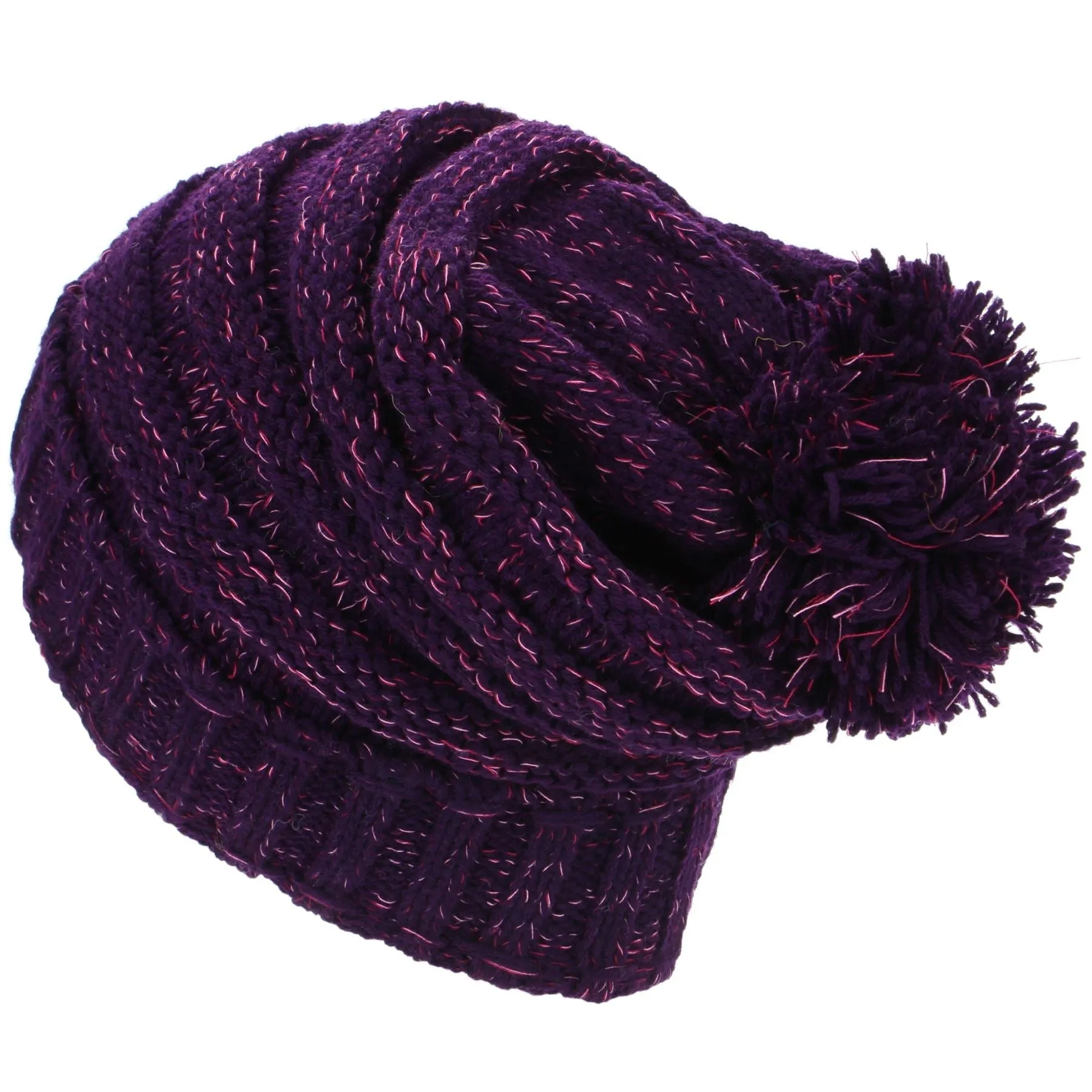 Acrylic Knit Baggy Beanie Bobble Hat - Purple