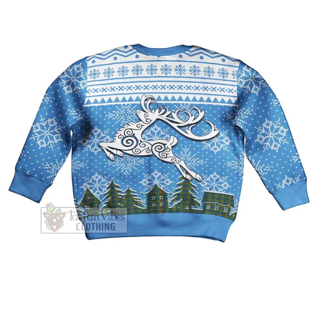 Aiton Clan Christmas Kid Ugly Sweater with Tartan and Celtic Reindeer Style