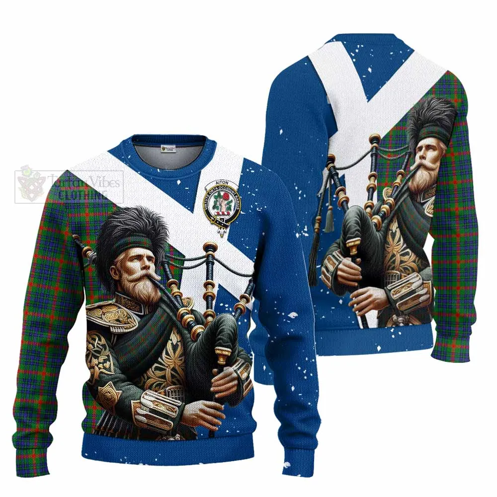 Aiton Tartan Knitted Sweater with Family Crest Scottish Bagpiper Vibes