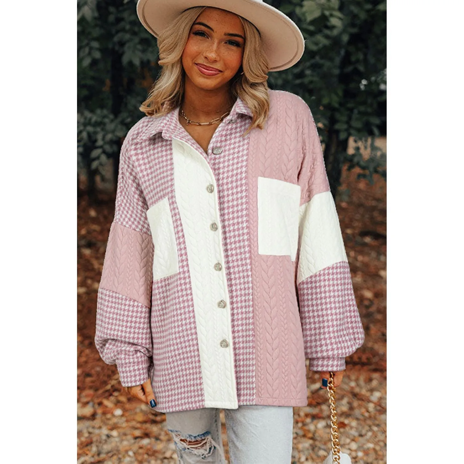 All Wrapped Up Pink Houndstooth Textured Patchwork Shacket