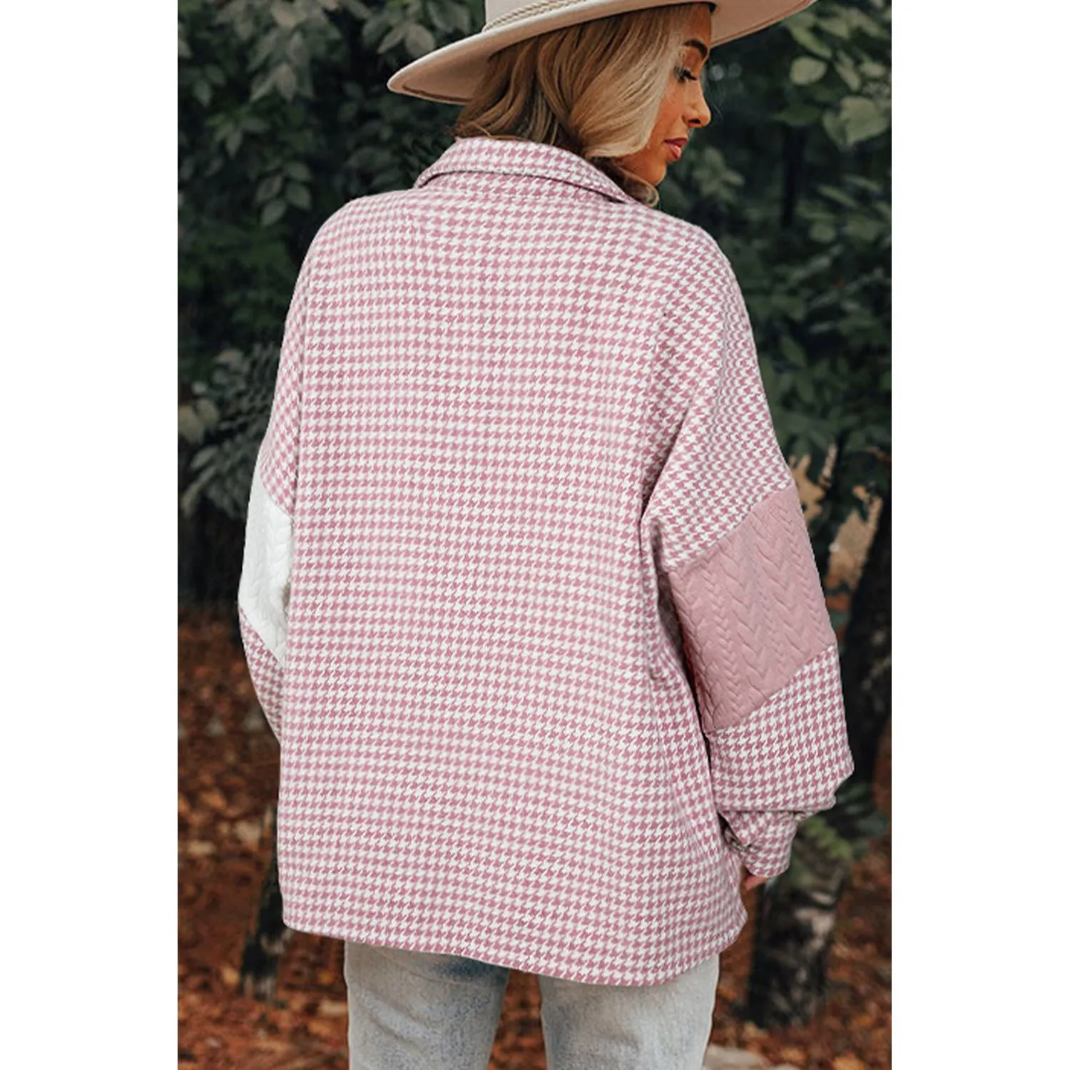 All Wrapped Up Pink Houndstooth Textured Patchwork Shacket