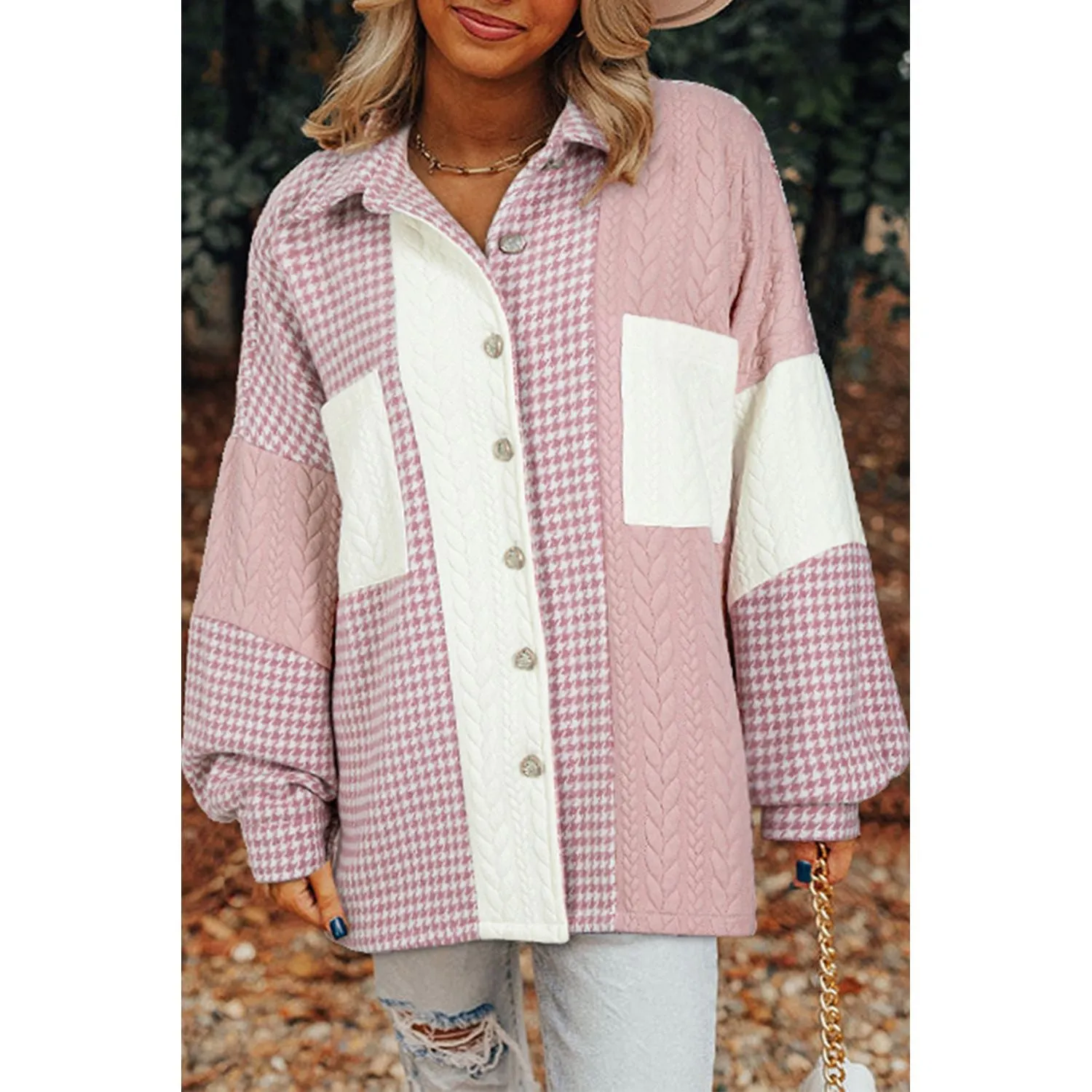 All Wrapped Up Pink Houndstooth Textured Patchwork Shacket