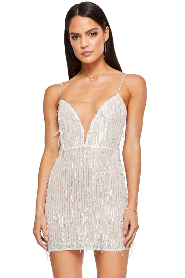 Amozae-hoco dresses -Sparkly Mesh Deep V Spaghetti Strap Sequin Fringe Mini Dress - Silver