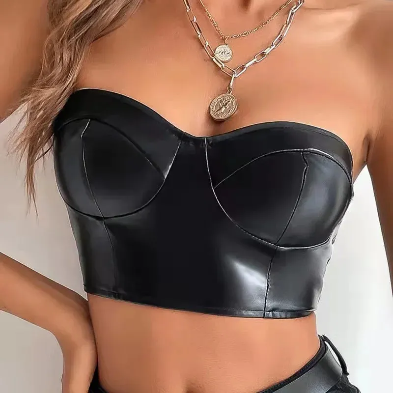 Amozae-Sexy Tank Top Glossy PU Leather Halter Crop Tops Women Wrap Chest Bare Midriff Camisole Sleeveless  Tube Top Female Cropped Vest