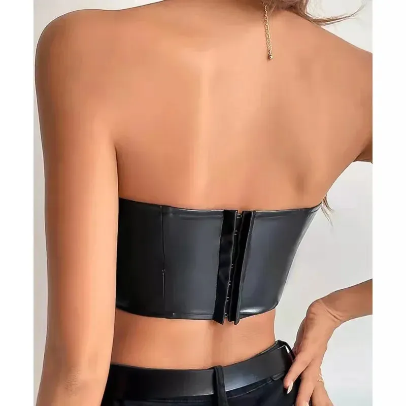 Amozae-Sexy Tank Top Glossy PU Leather Halter Crop Tops Women Wrap Chest Bare Midriff Camisole Sleeveless  Tube Top Female Cropped Vest