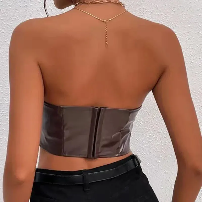 Amozae-Sexy Tank Top Glossy PU Leather Halter Crop Tops Women Wrap Chest Bare Midriff Camisole Sleeveless  Tube Top Female Cropped Vest