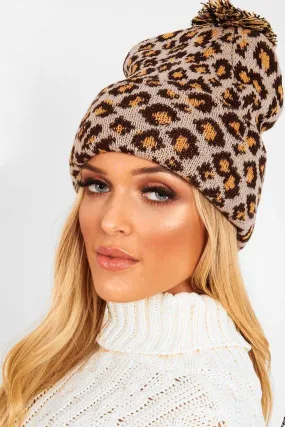 Beige Leopard Knit Pom Pom Hat - Kela