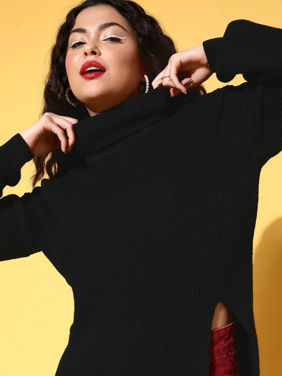 Berrylush Women Solid Black Turtle Neck Acrylic Straight Hem Longline Pullover Sweater