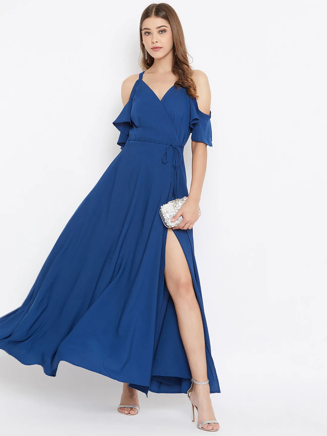 Berrylush Women Solid Blue Cold Shoulder Wrap Maxi Dress