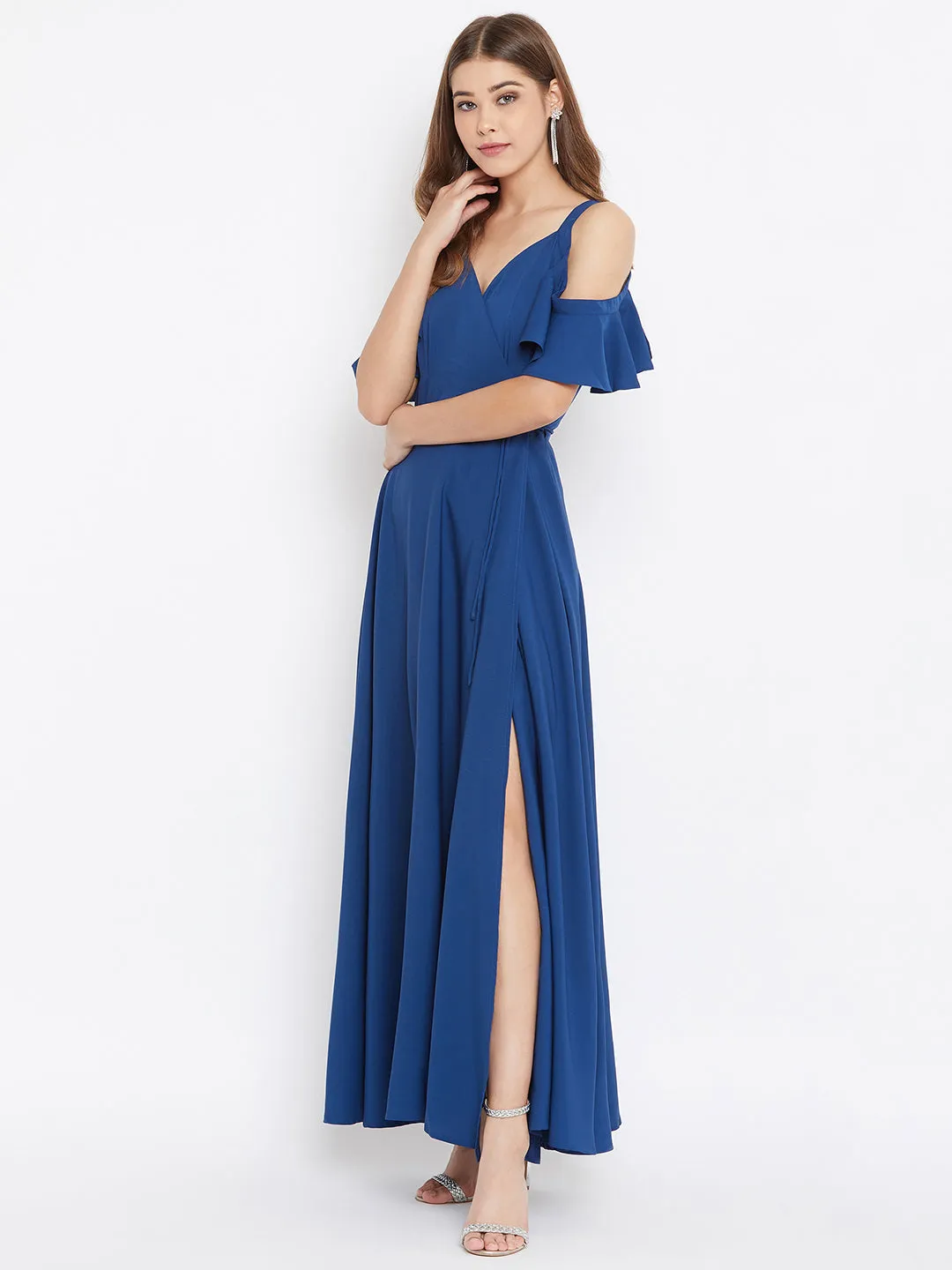 Berrylush Women Solid Blue Cold Shoulder Wrap Maxi Dress