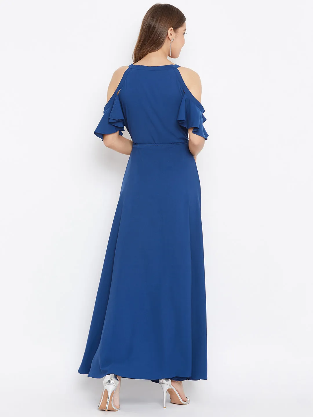 Berrylush Women Solid Blue Cold Shoulder Wrap Maxi Dress