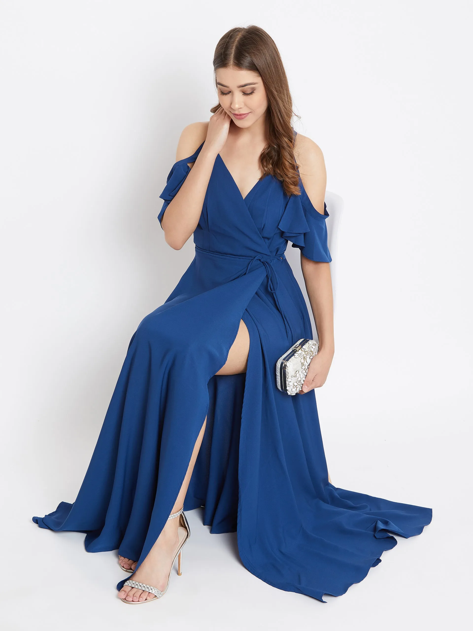 Berrylush Women Solid Blue Cold Shoulder Wrap Maxi Dress