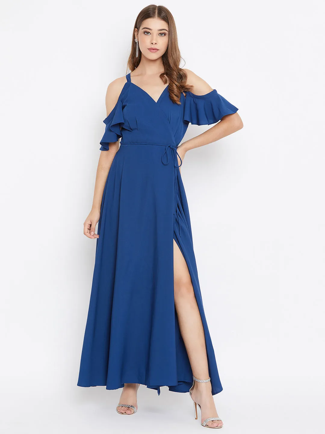 Berrylush Women Solid Blue Cold Shoulder Wrap Maxi Dress