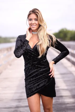 Black Crushed Velvet Wrap Dress