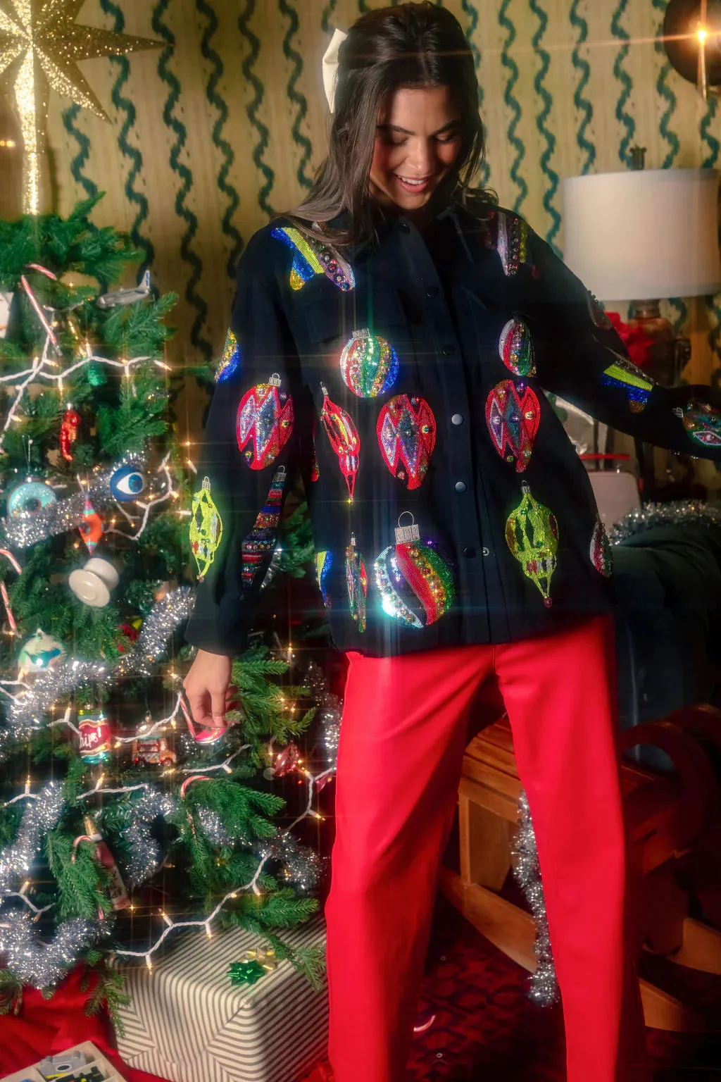 Black Multi Color Ornaments Shacket