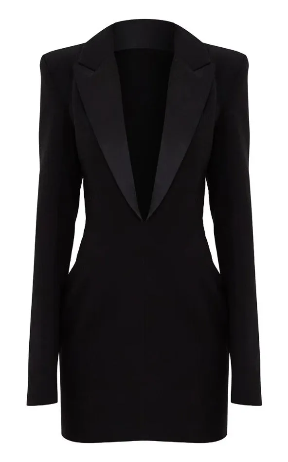 Black Tailored Satin Lapel Blazer Dress