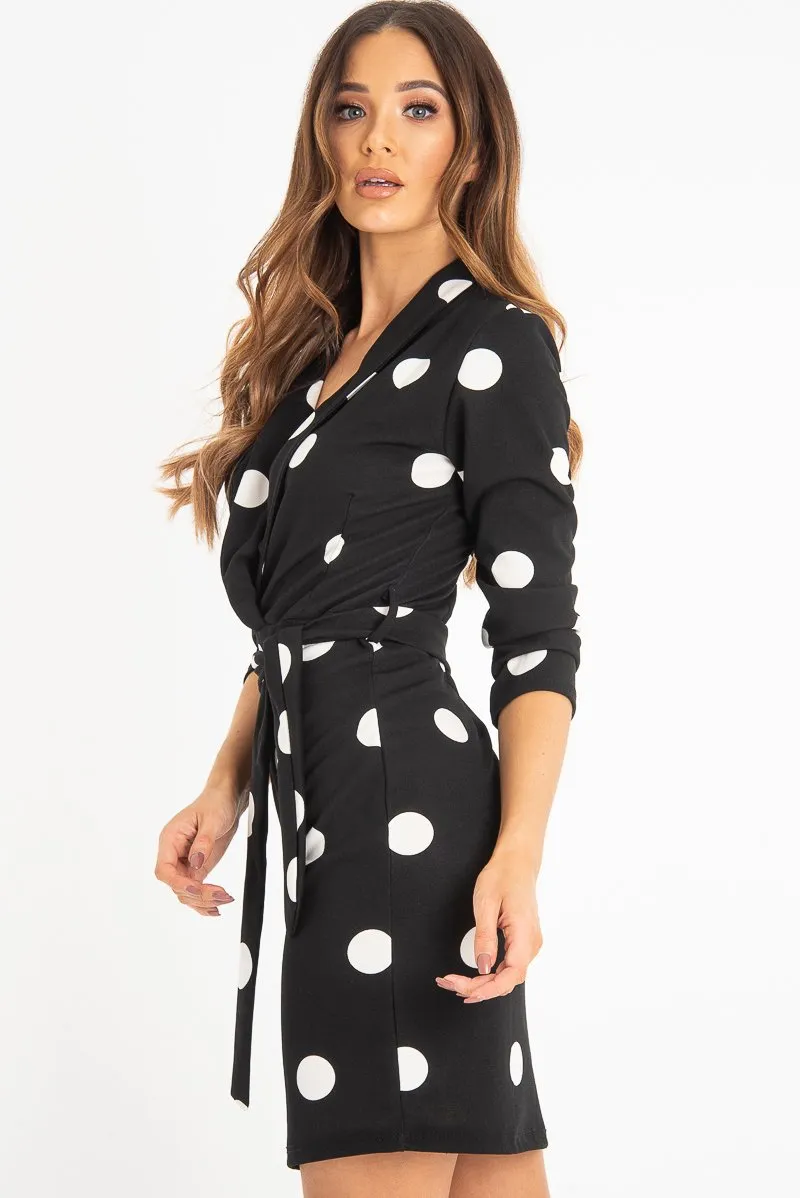 Black White Polka Dot Wrap Front Midi Dress - Daisy