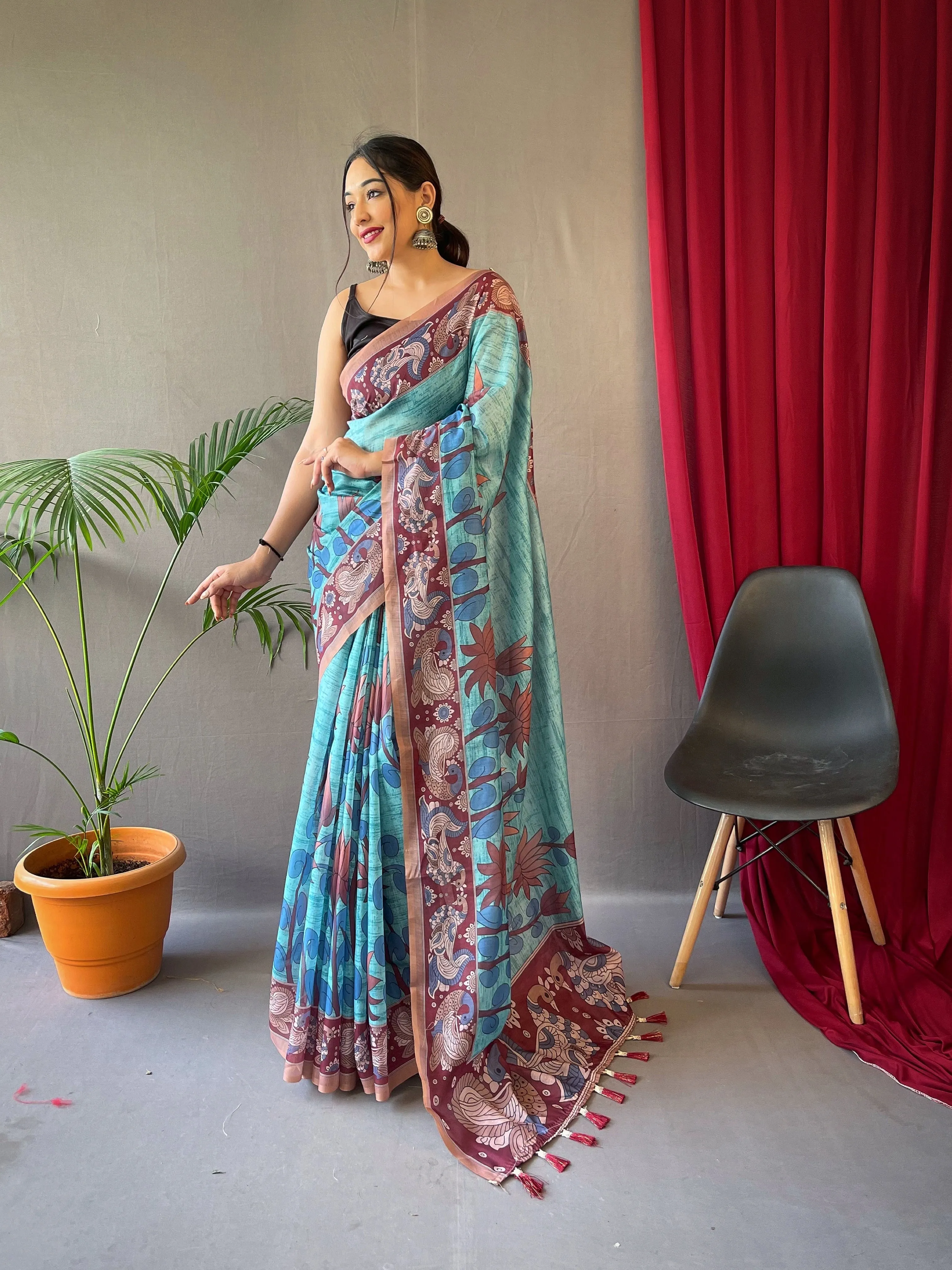 Blue Saree in Cotton Kalamkari Print for wedding