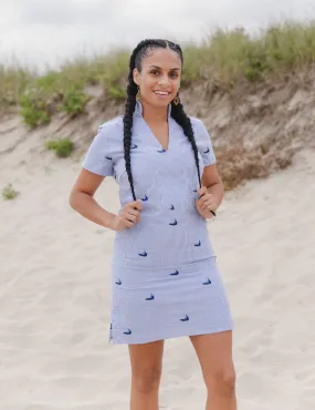 Blue Seersucker Tunic Dress with Navy Embroidered Nantuckets