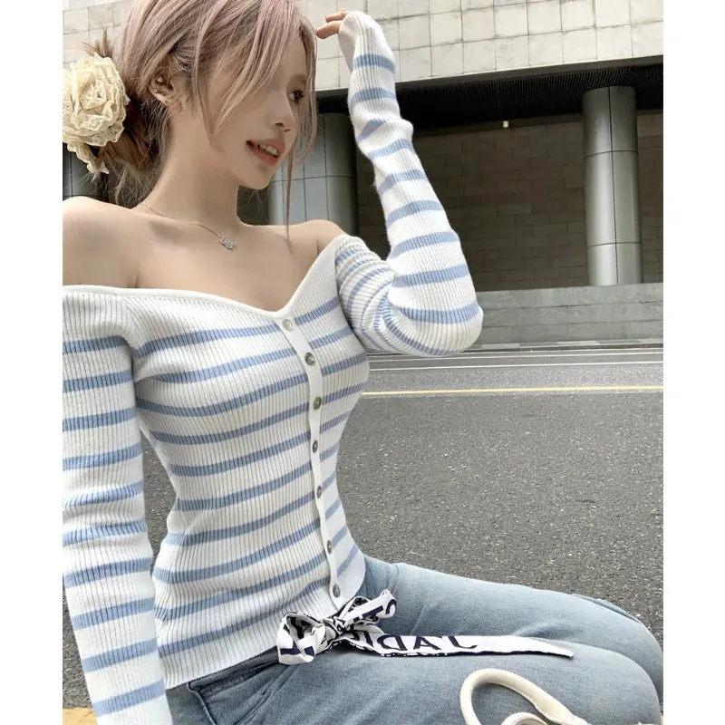 Bonnyshow Korean Contrast Color Striped Sexy Long-sleeved Sweater Women 2024 Autumn New Off-shoulder Buttons Casual Knitted Crop Tops