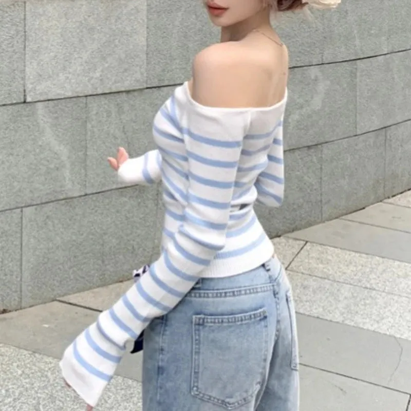 Bonnyshow Korean Contrast Color Striped Sexy Long-sleeved Sweater Women 2024 Autumn New Off-shoulder Buttons Casual Knitted Crop Tops