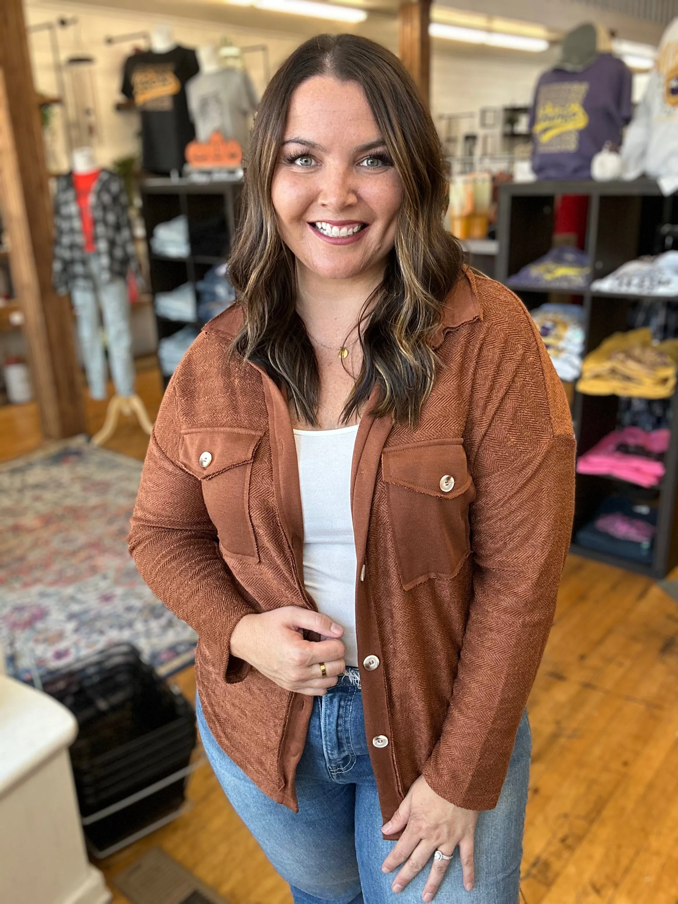 Brown Solid Color Textured Button Up Shacket with Pockets