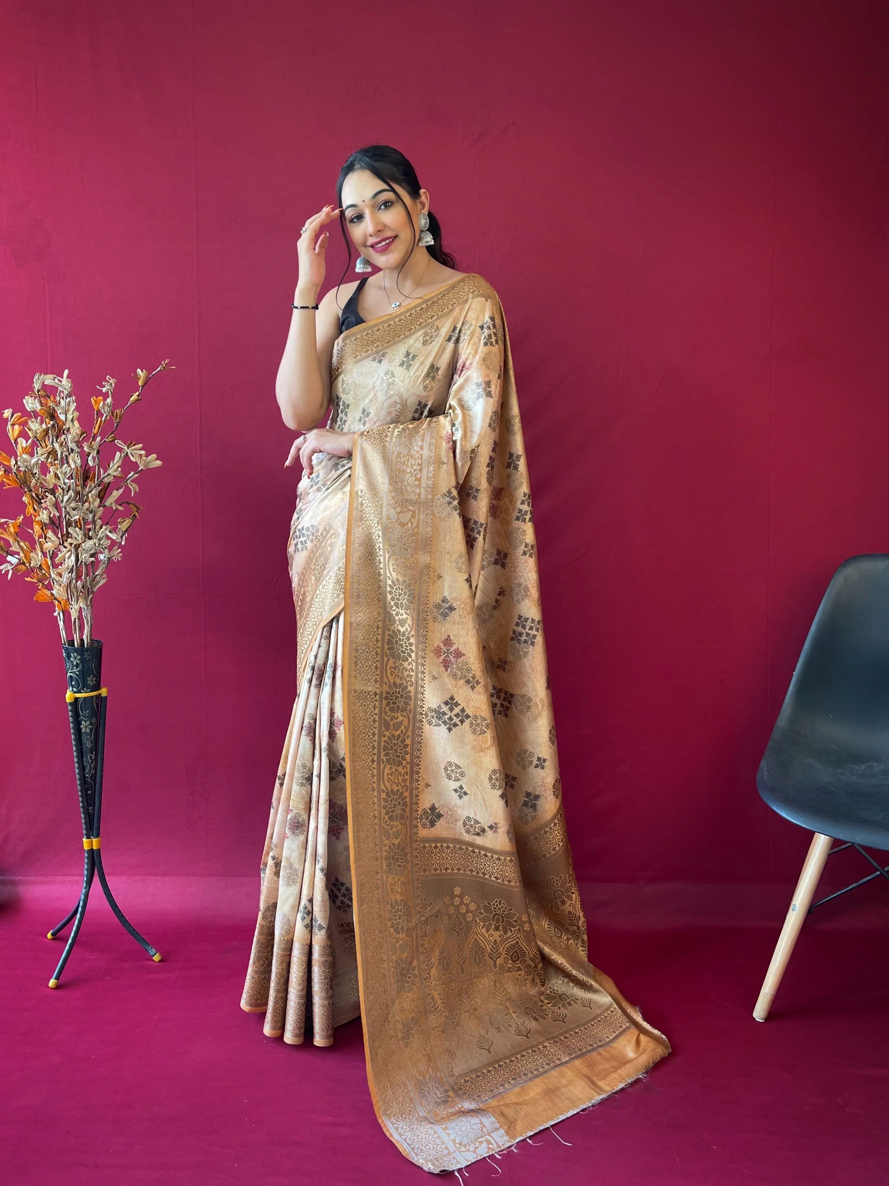 Burly Wood Saree in Banarasi Silk Woven with Floral Prints