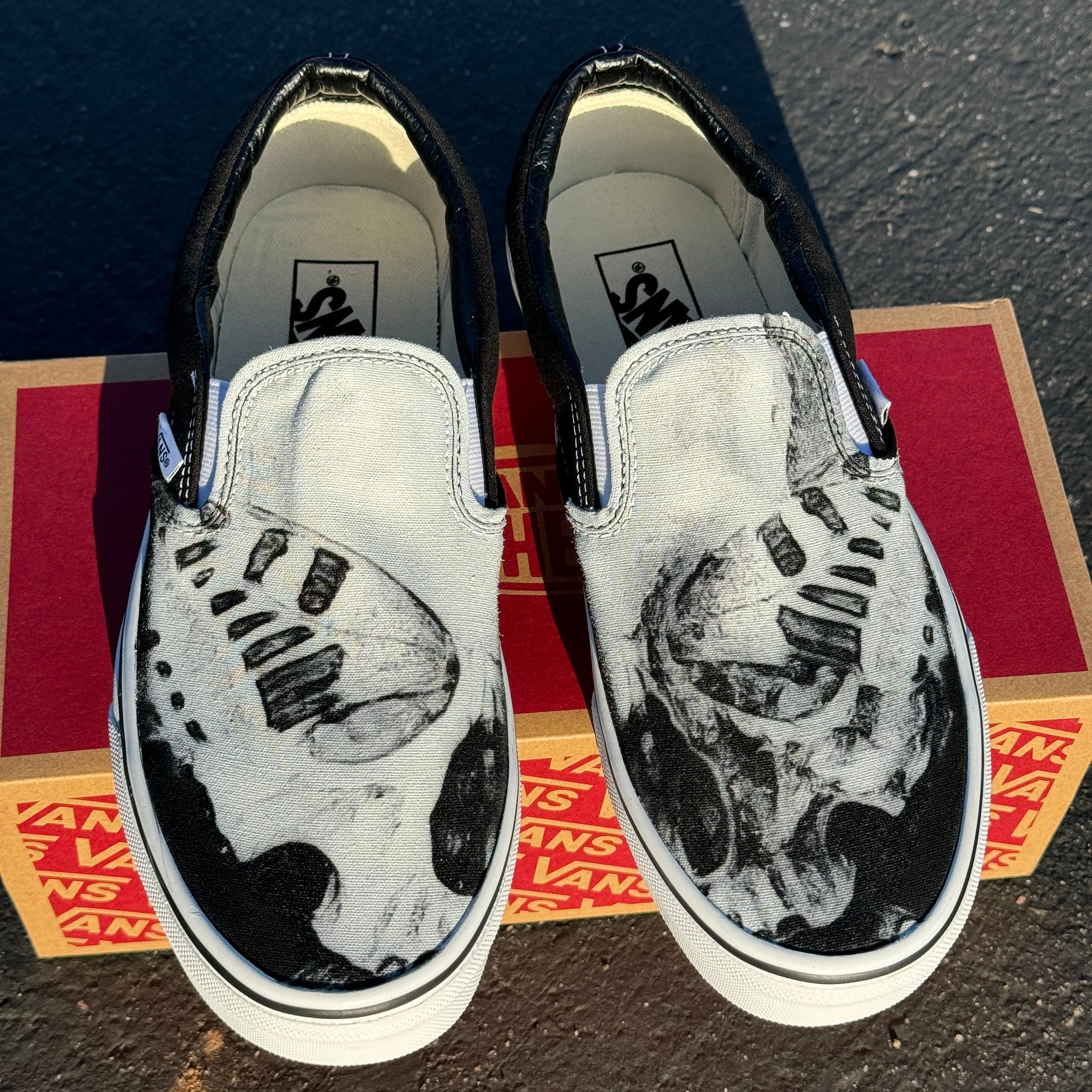 Butterfly and Skull Custom Vans Slip On Shoes - Black and White