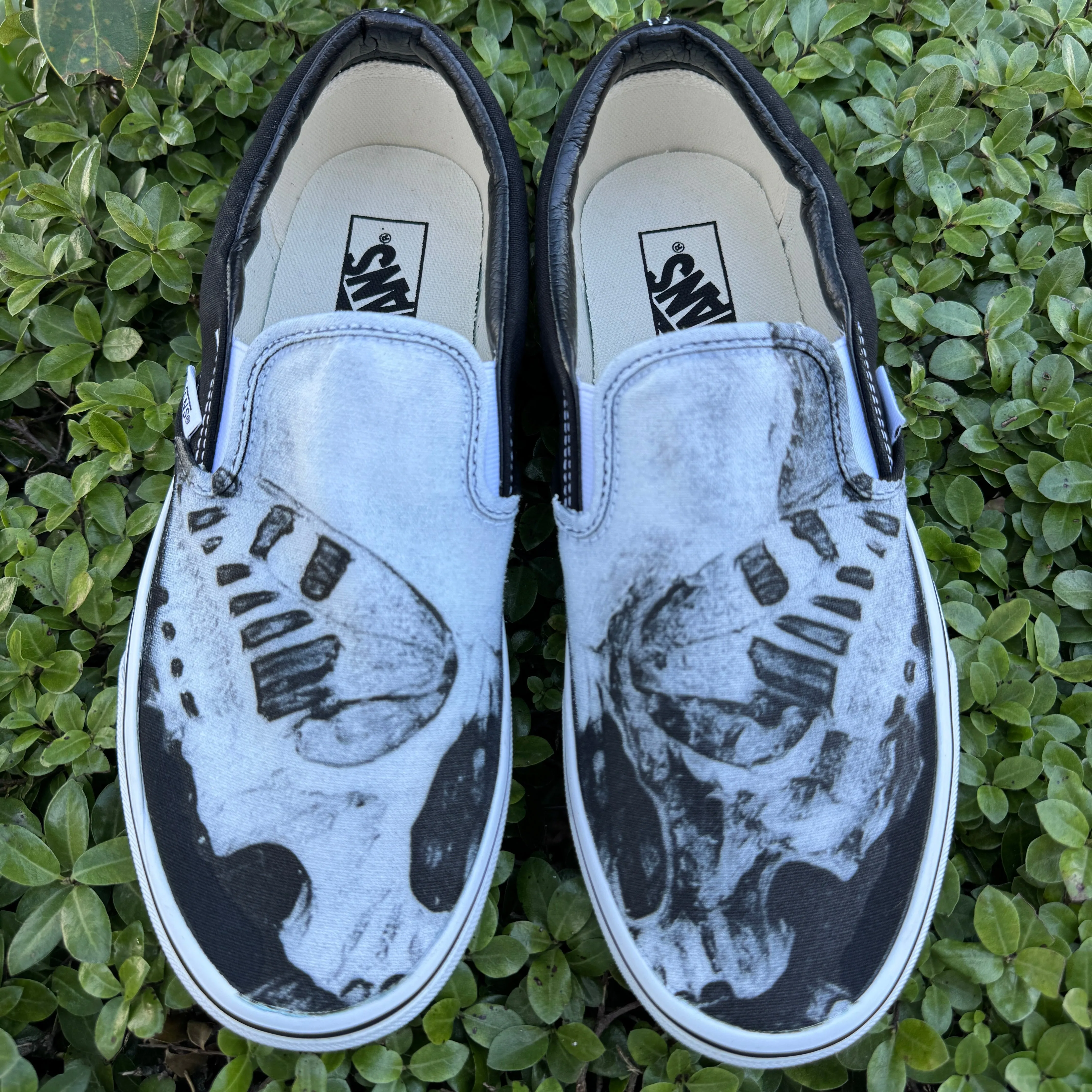 Butterfly and Skull Custom Vans Slip On Shoes - Black and White