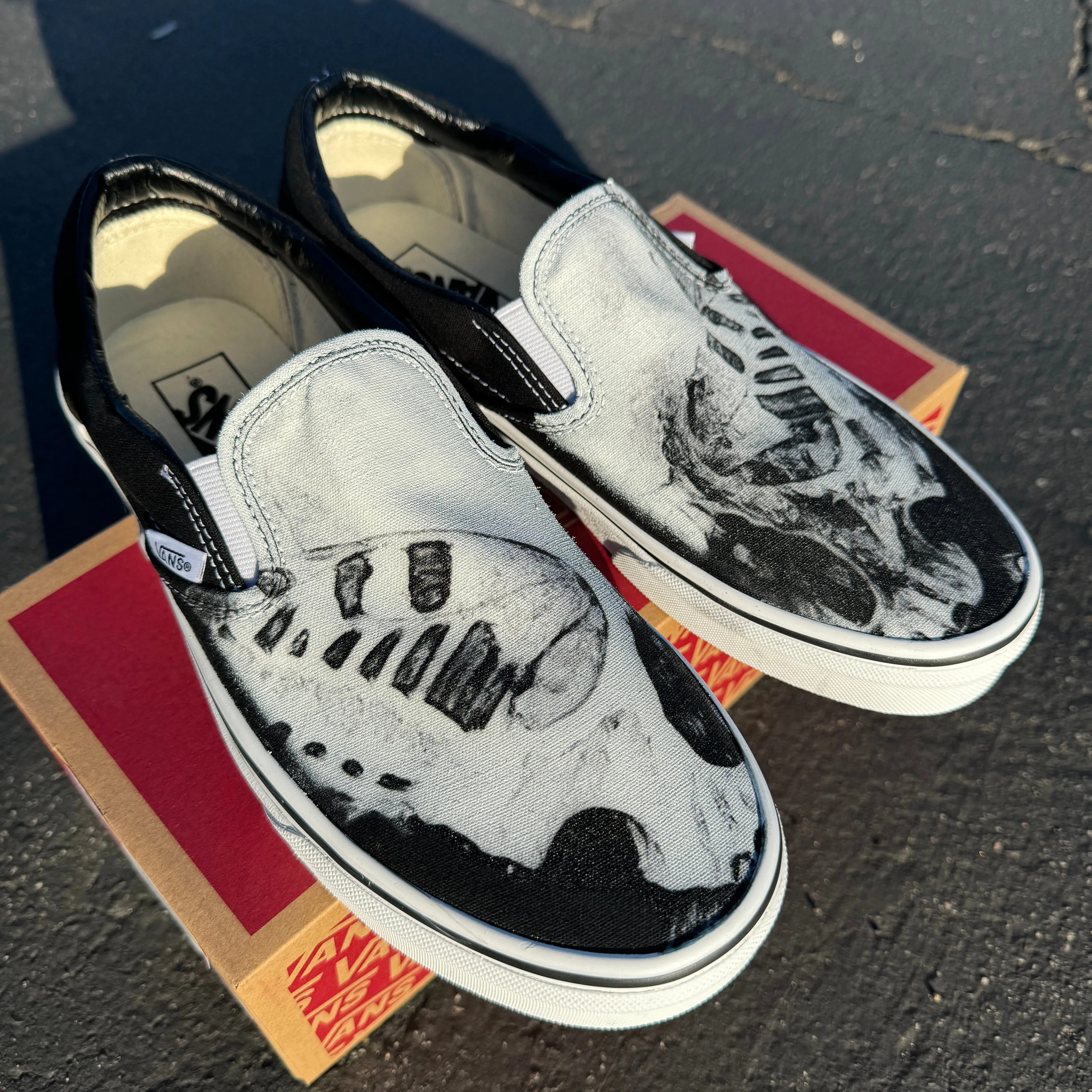 Butterfly and Skull Custom Vans Slip On Shoes - Black and White