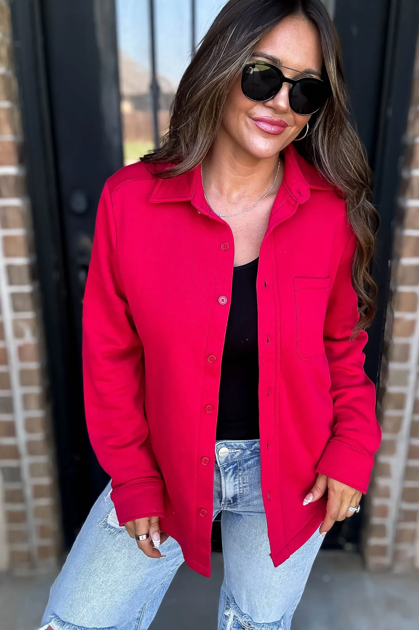 Button Up Red Fleece Shirt Jacket