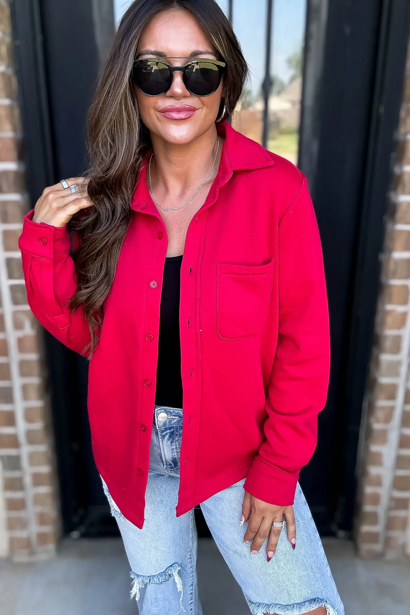 Button Up Red Fleece Shirt Jacket