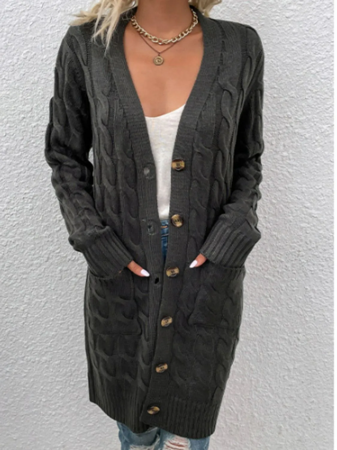 Cable-Knit Button Down Cardigan with Pockets