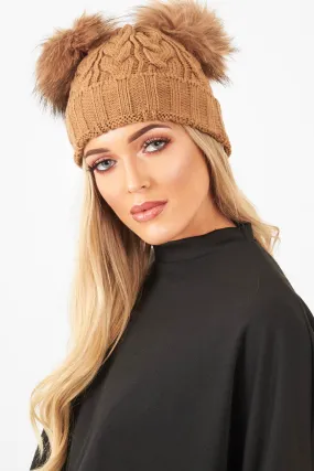 Camel Cable Knit Double Bobble Hat - Cheyann