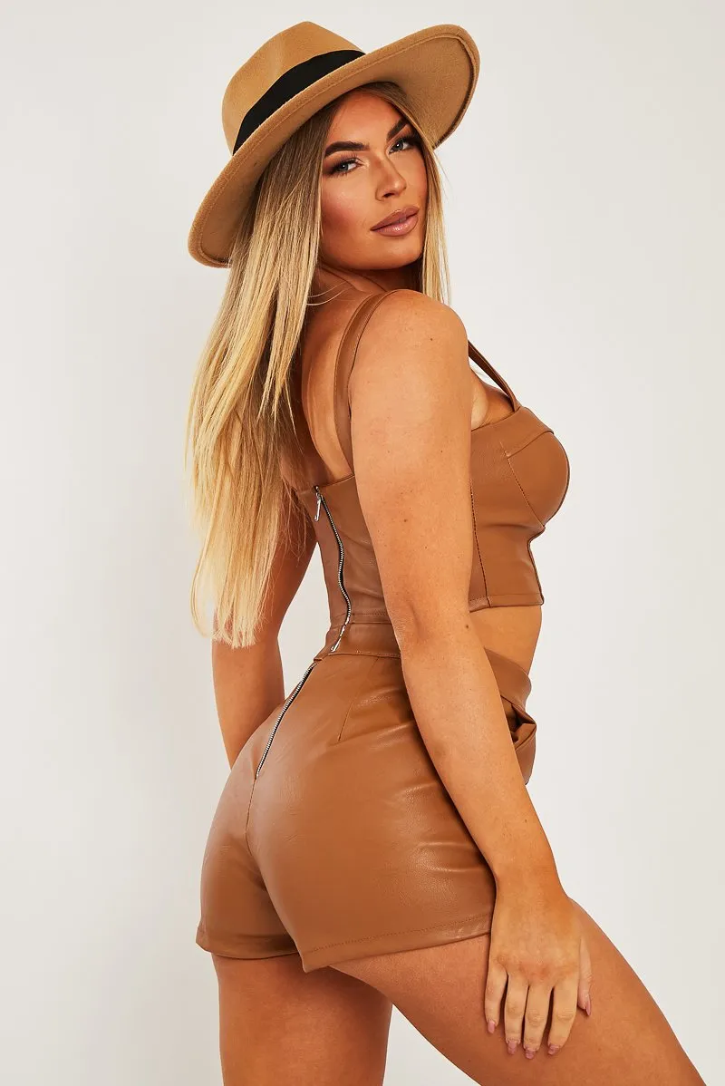 Camel Faux Leather Corset Top Shorts Co-ord - Becka