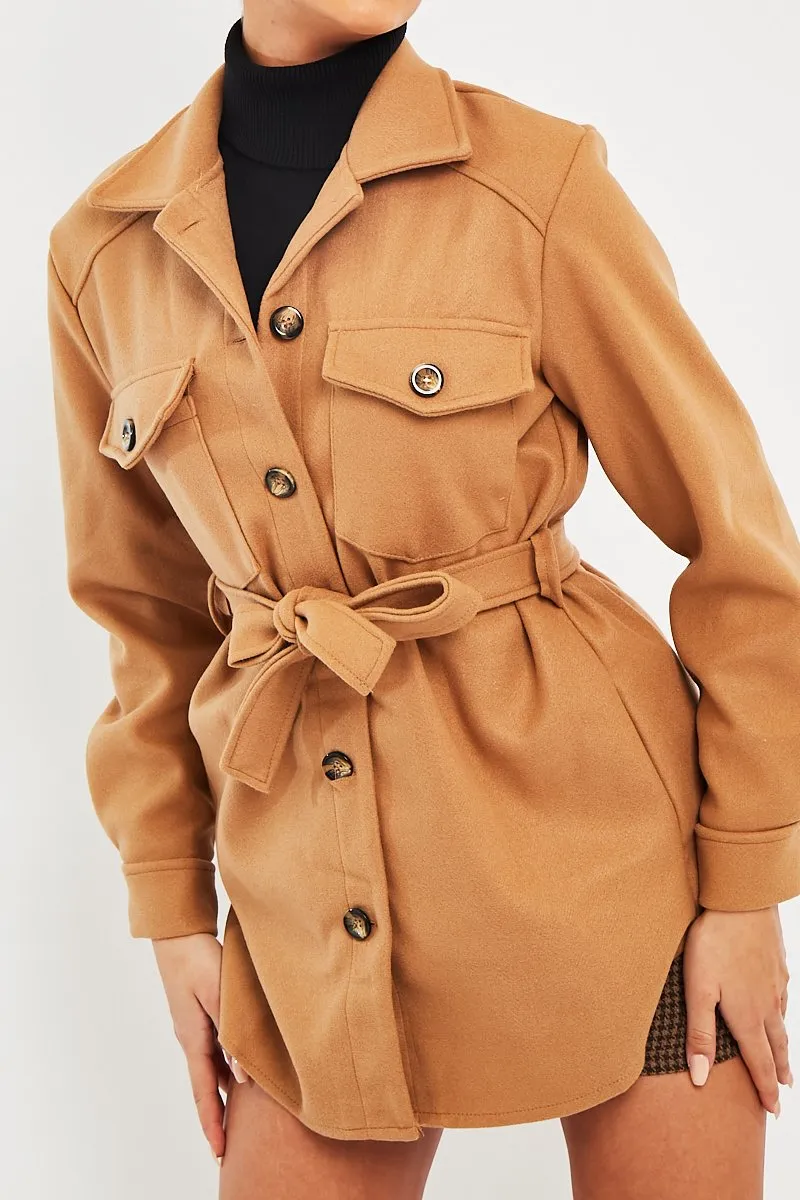 Camel Long Belted Shacket - Maryah