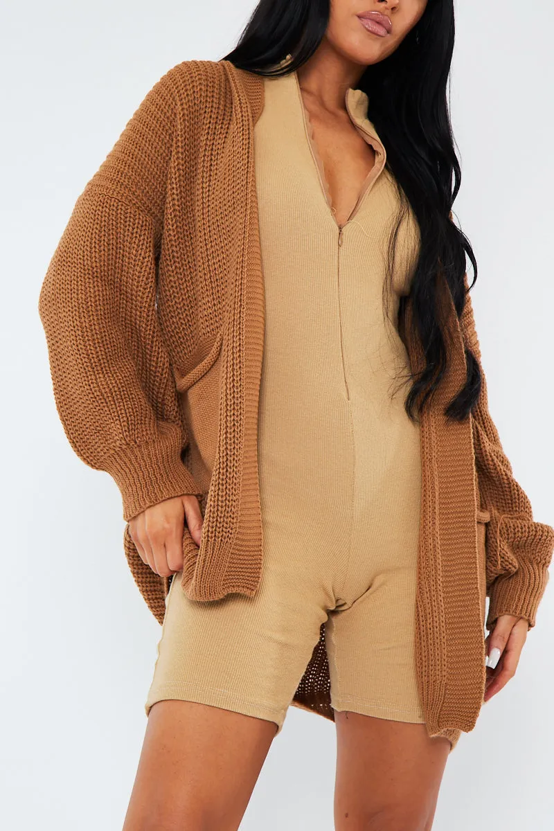 Camel Relaxed Fit Front Pockets Cardigan - Joelle