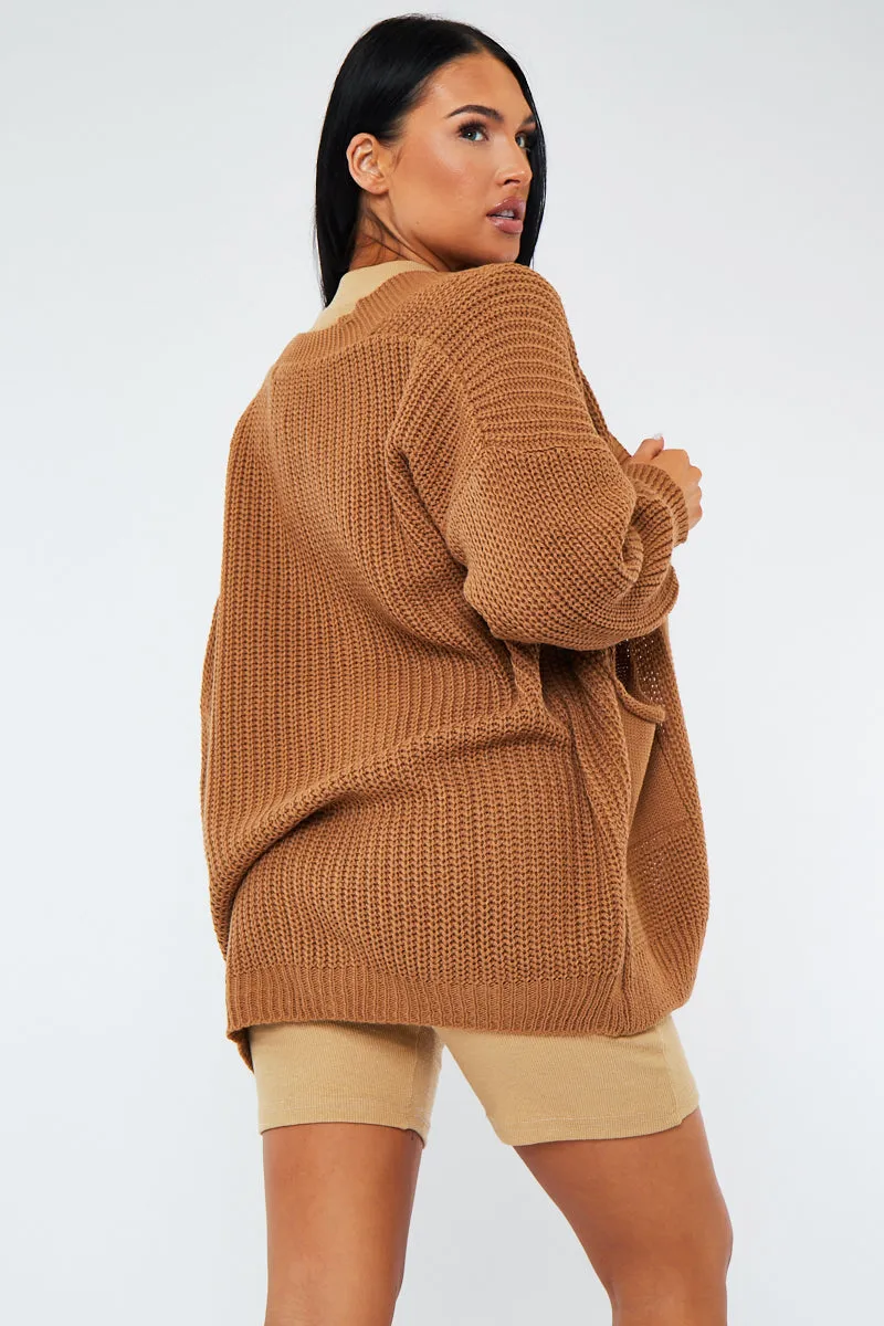 Camel Relaxed Fit Front Pockets Cardigan - Joelle