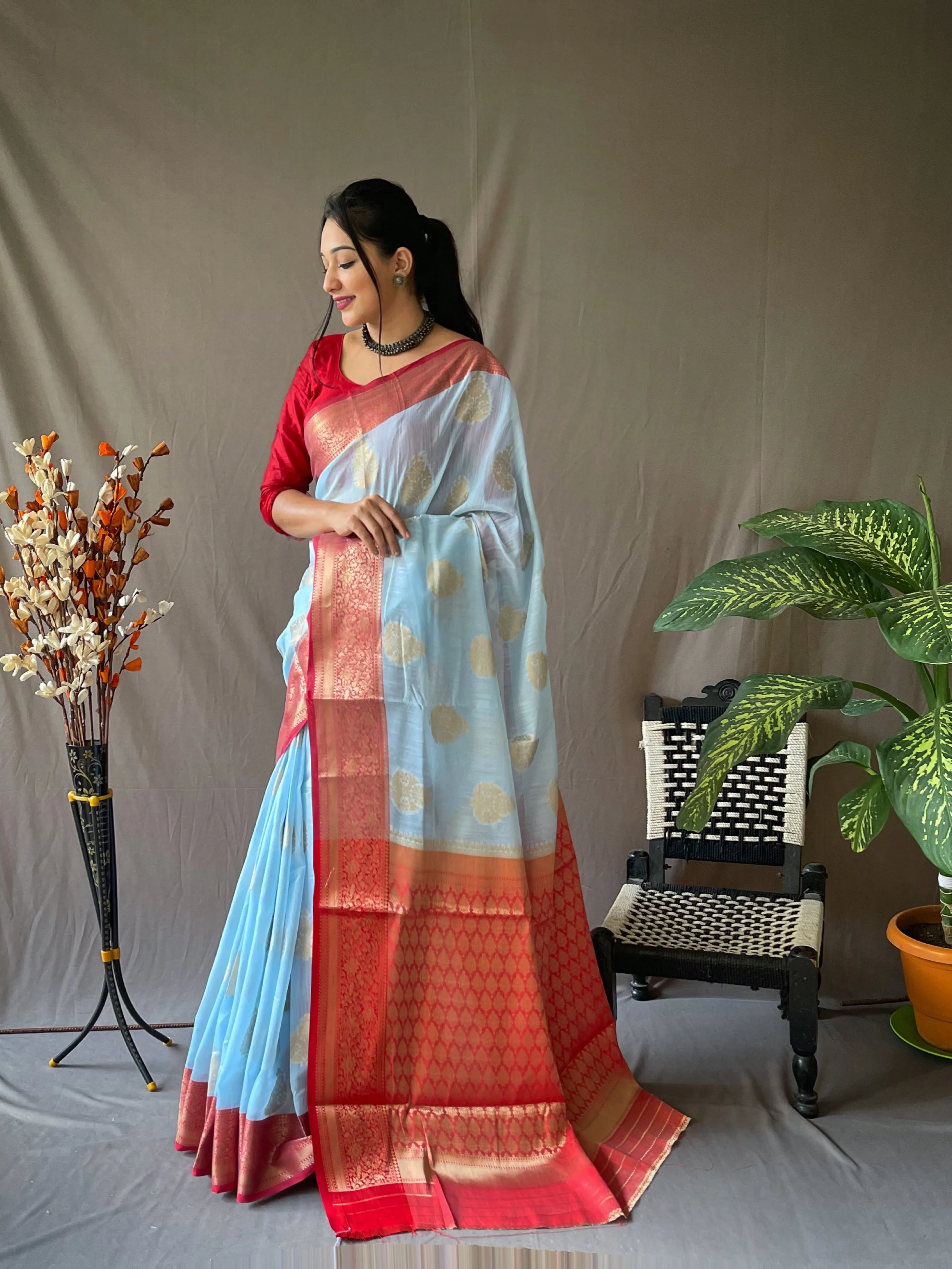 Carolina Blue Saree in Linen