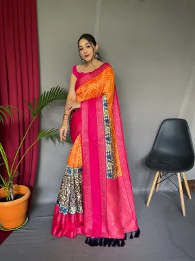 Carrot Orange Saree in Bandhej Kalamkari Print