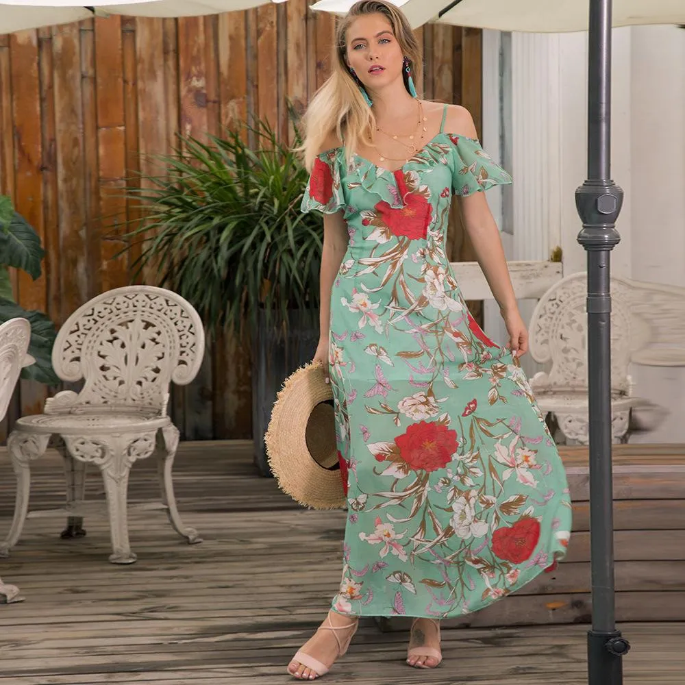 Casual Floral Chiffon Short Sleeve Slip Maxi Dress