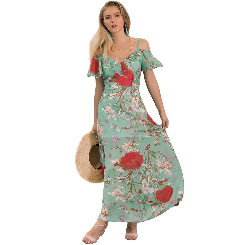 Casual Floral Chiffon Short Sleeve Slip Maxi Dress