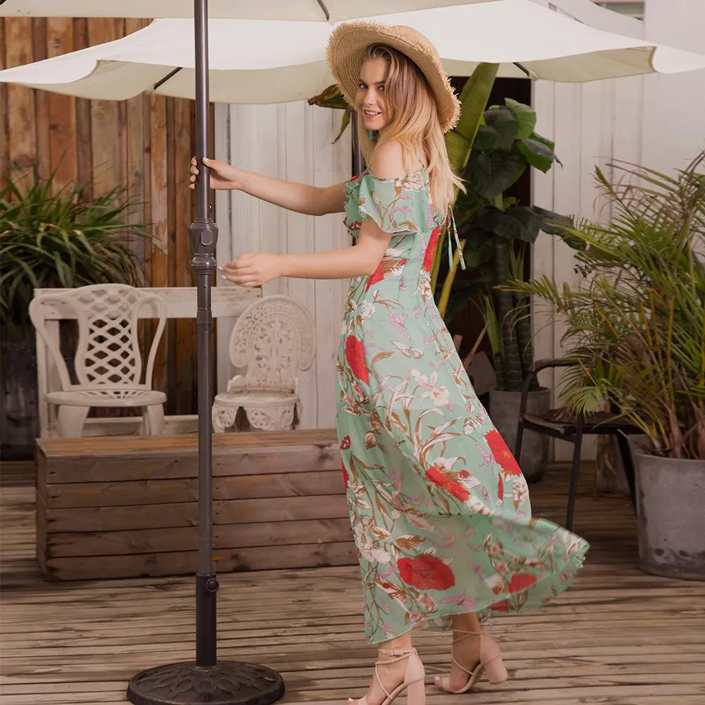 Casual Floral Chiffon Short Sleeve Slip Maxi Dress